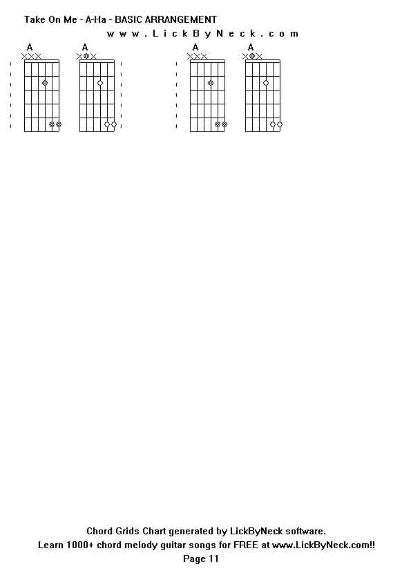 Chord Grids Chart of chord melody fingerstyle guitar song-Take On Me - A-Ha - BASIC ARRANGEMENT,generated by LickByNeck software.